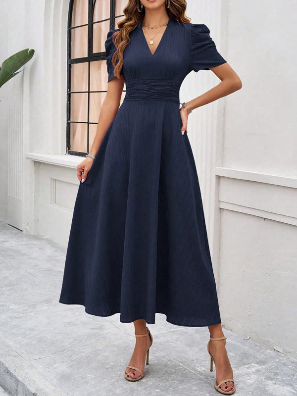 V-Neck A-Line Midi Dress with Puff Sleeves for Women, Elegant Midi Dress, Flattering Fit, Day-to-Night Versatility - Image 12