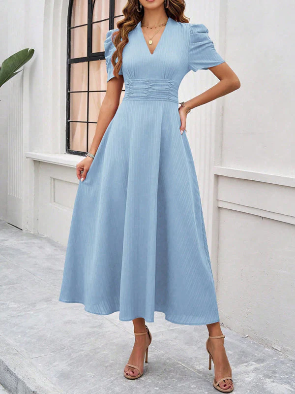 V-Neck A-Line Midi Dress with Puff Sleeves for Women, Elegant Midi Dress, Flattering Fit, Day-to-Night Versatility - Image 13