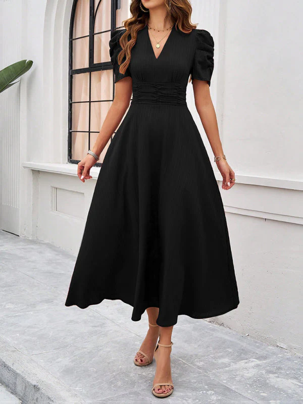 V-Neck A-Line Midi Dress with Puff Sleeves for Women, Elegant Midi Dress, Flattering Fit, Day-to-Night Versatility - Image 14