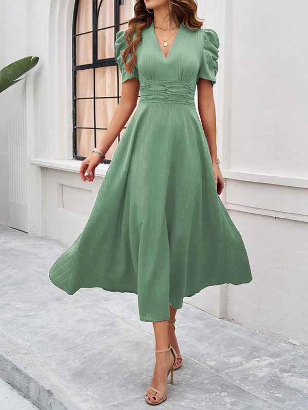 V-Neck A-Line Midi Dress with Puff Sleeves for Women, Elegant Midi Dress, Flattering Fit, Day-to-Night Versatility - Image 15