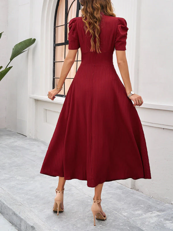 V-Neck A-Line Midi Dress with Puff Sleeves for Women, Elegant Midi Dress, Flattering Fit, Day-to-Night Versatility - Image 3