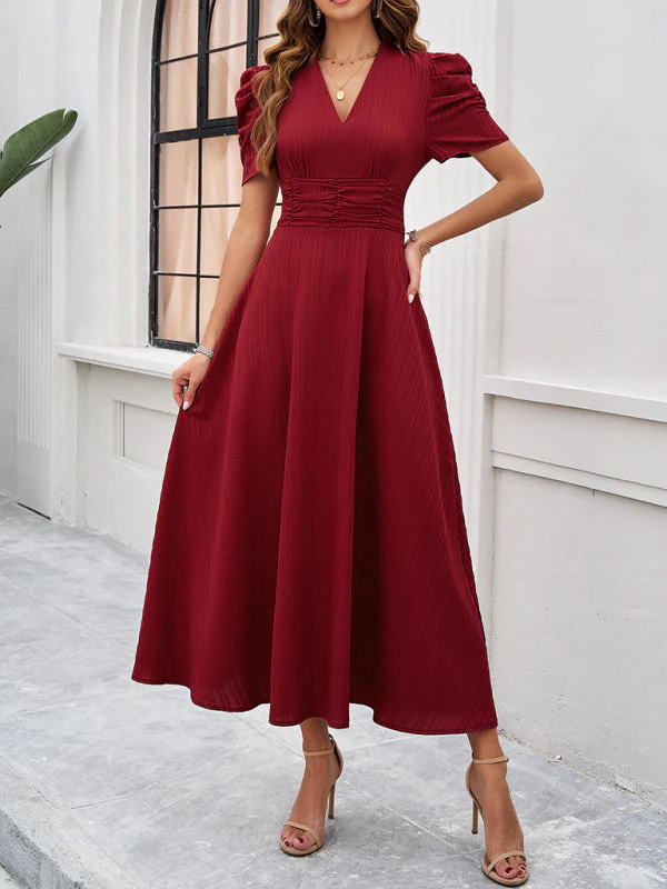 V-Neck A-Line Midi Dress with Puff Sleeves for Women, Elegant Midi Dress, Flattering Fit, Day-to-Night Versatility - Image 4