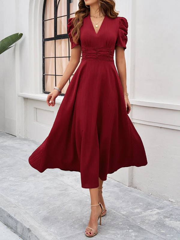 V-Neck A-Line Midi Dress with Puff Sleeves for Women, Elegant Midi Dress, Flattering Fit, Day-to-Night Versatility - Image 5