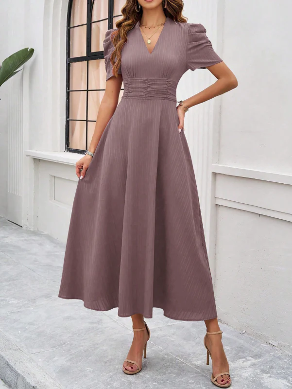 V-Neck A-Line Midi Dress with Puff Sleeves for Women, Elegant Midi Dress, Flattering Fit, Day-to-Night Versatility - Image 8