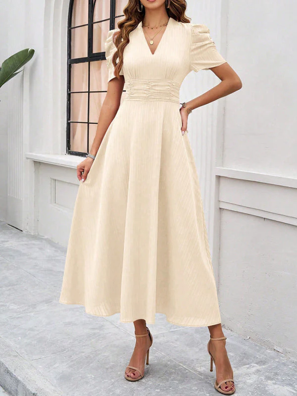 V-Neck A-Line Midi Dress with Puff Sleeves for Women, Elegant Midi Dress, Flattering Fit, Day-to-Night Versatility - Image 9