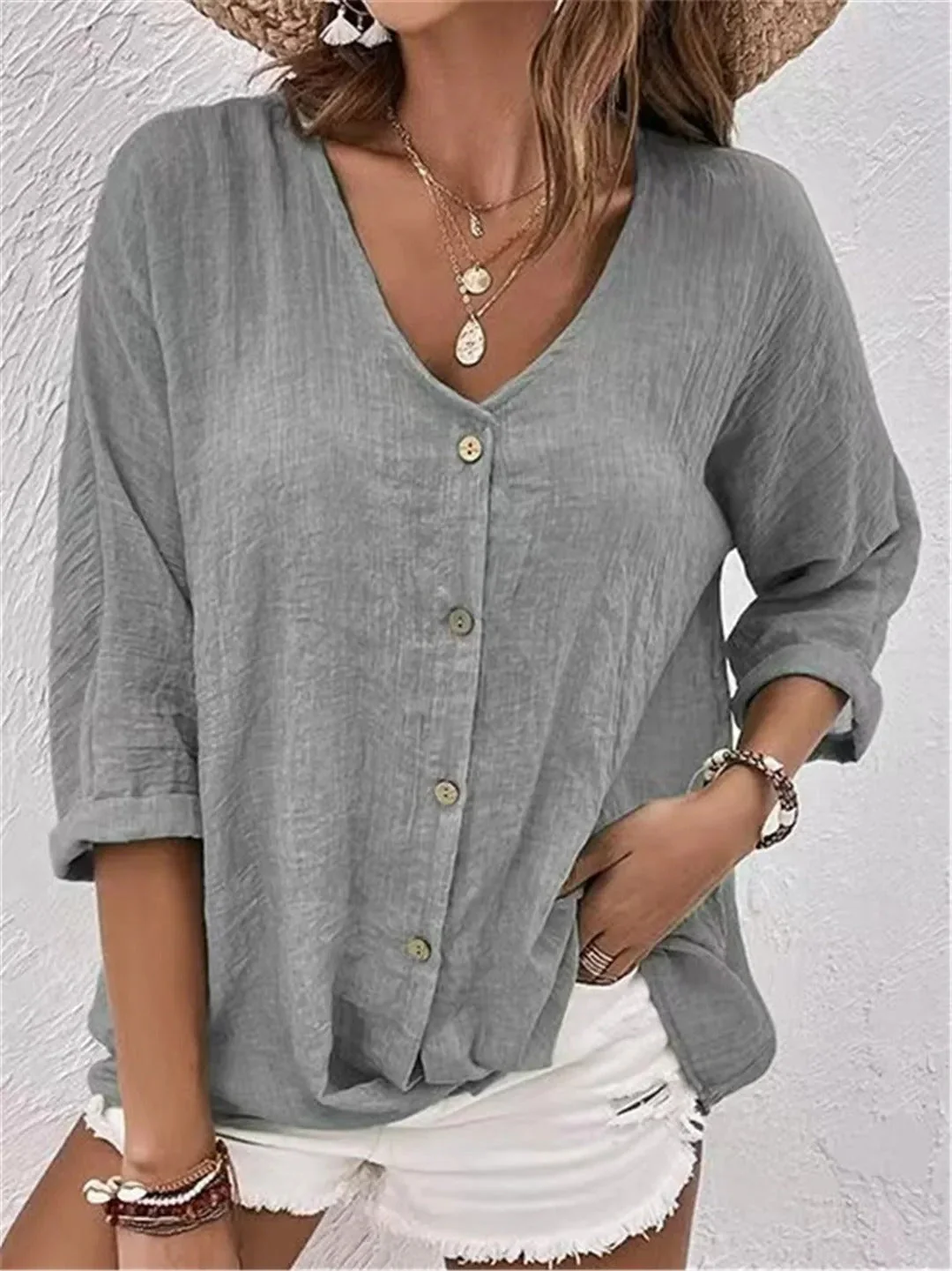 V-Neck Button-Up Women's Top - Lightweight Blouse for Women, Versatile Casual Elegance, Flattering Fit, Sizes S-3XL - Image 10