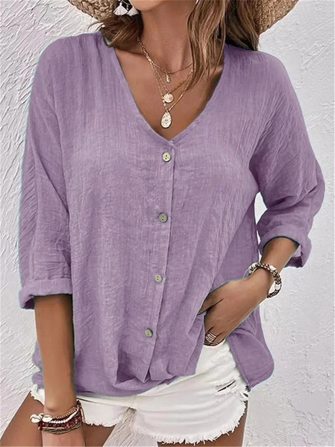 V-Neck Button-Up Women's Top - Lightweight Blouse for Women, Versatile Casual Elegance, Flattering Fit, Sizes S-3XL - Image 11