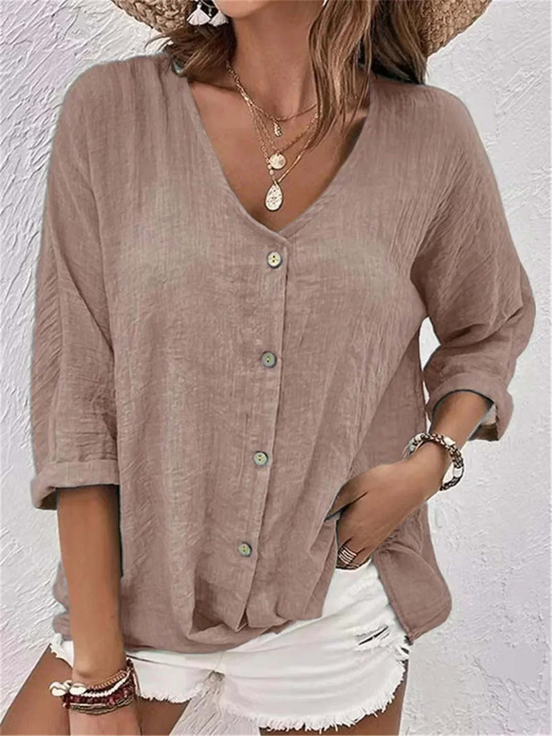 V-Neck Button-Up Women's Top - Lightweight Blouse for Women, Versatile Casual Elegance, Flattering Fit, Sizes S-3XL - Image 12