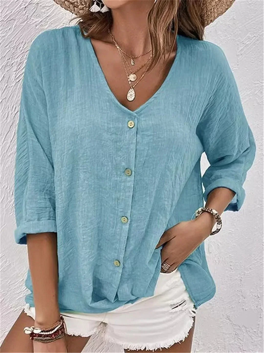 V-Neck Button-Up Women's Top - Lightweight Blouse for Women, Versatile Casual Elegance, Flattering Fit, Sizes S-3XL - Image 8