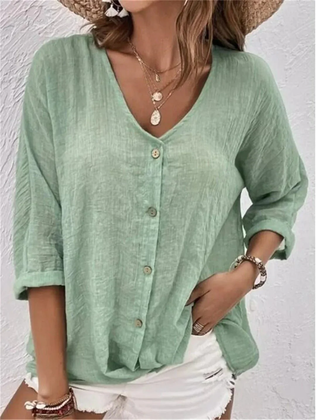 V-Neck Button-Up Women's Top - Lightweight Blouse for Women, Versatile Casual Elegance, Flattering Fit, Sizes S-3XL - Image 9
