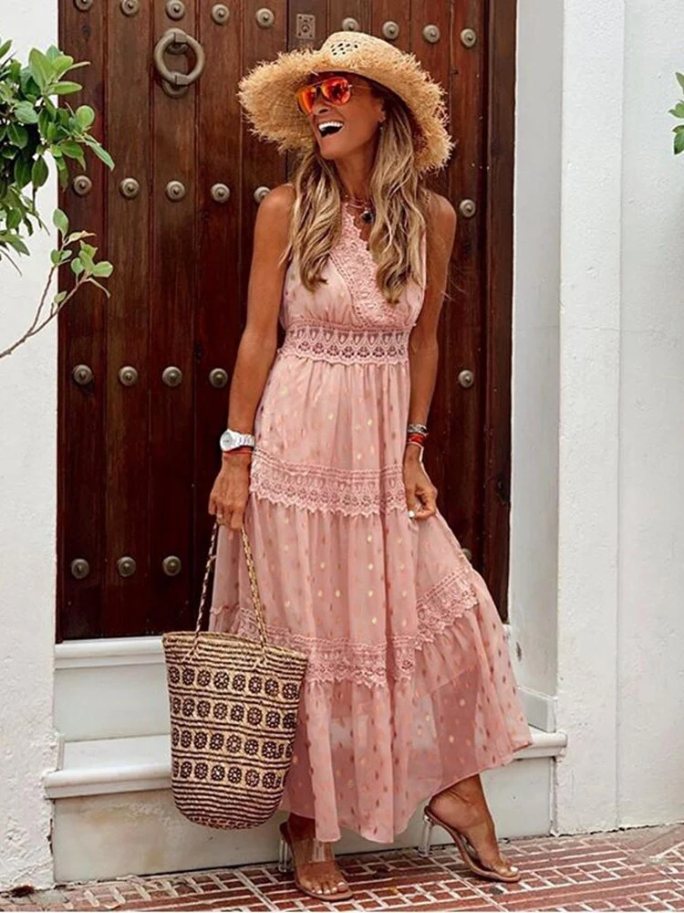 V-Neck Sleeveless Women's Summer Dress with Lace Trim in Lightweight Breathable Fabric - Image 2