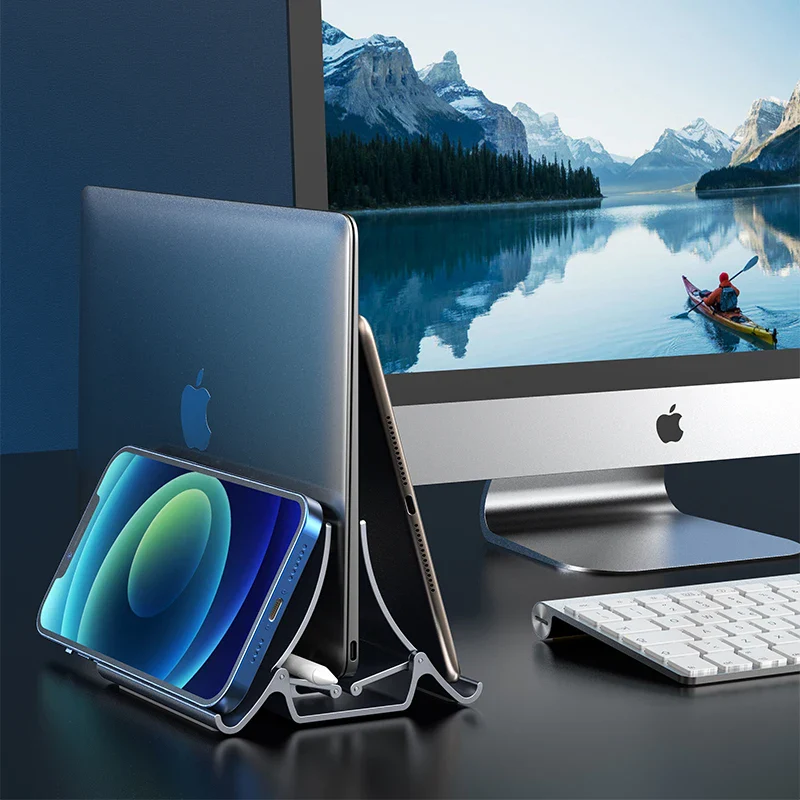 Vertical Laptop Stand with Silicone Grip - Dual Device Holder for MacBook & Tablet, Heat Dissipation, - Image 3