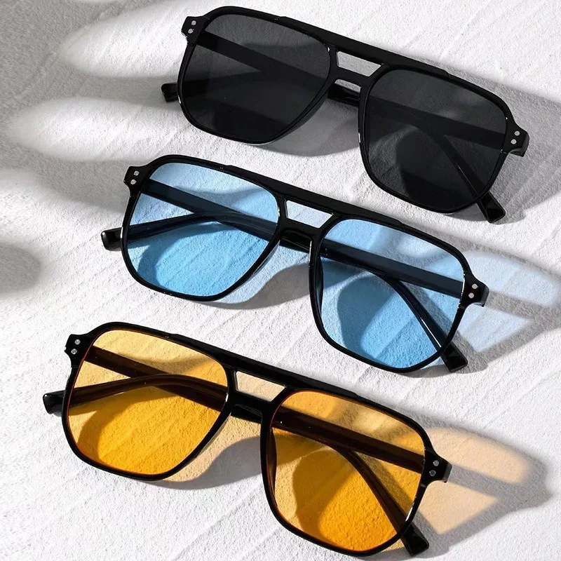 Vintage Big Square Sunglasses for Men Women - Unisex UV400 Black Lens Designer Shades