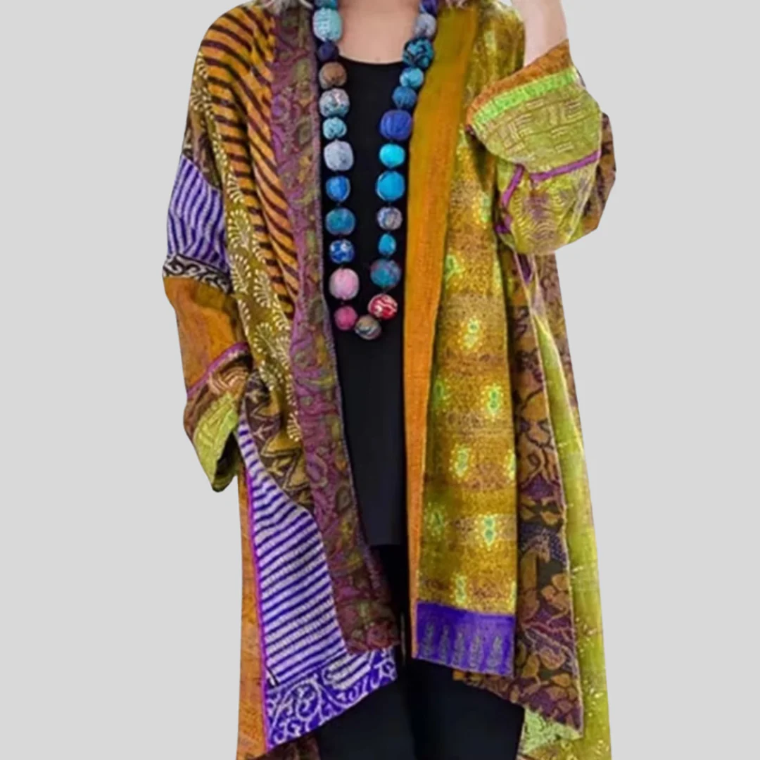 Vintage Cotton Linen Ethnic Print Cardigan - Large Size Long Sleeve Women's Sweater - Image 3