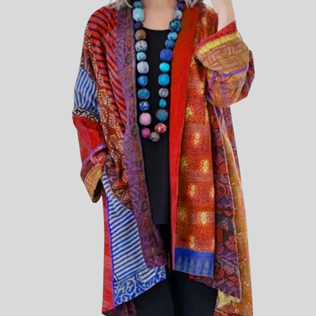 Vintage Cotton Linen Ethnic Print Cardigan - Large Size Long Sleeve Women's Sweater - Image 4
