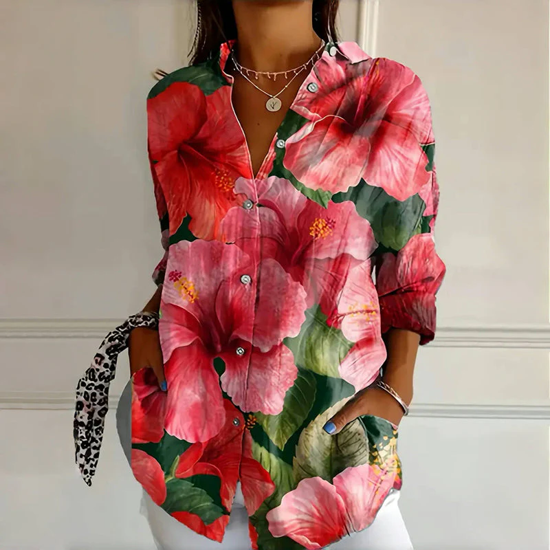 Vintage Floral Print Womens Blouse with Long Sleeves and Lace Collar for Spring and Autumn