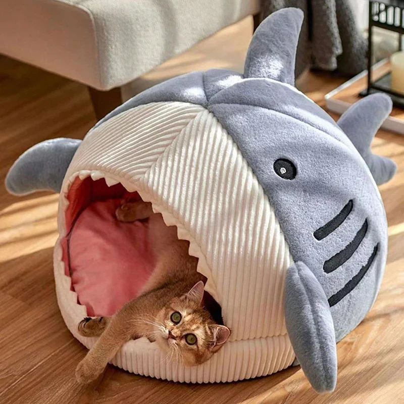 Warm Cat Beds Cartoon Shark Pet Cave for Sweet Kittens Nest Cushion Mat - Image 3