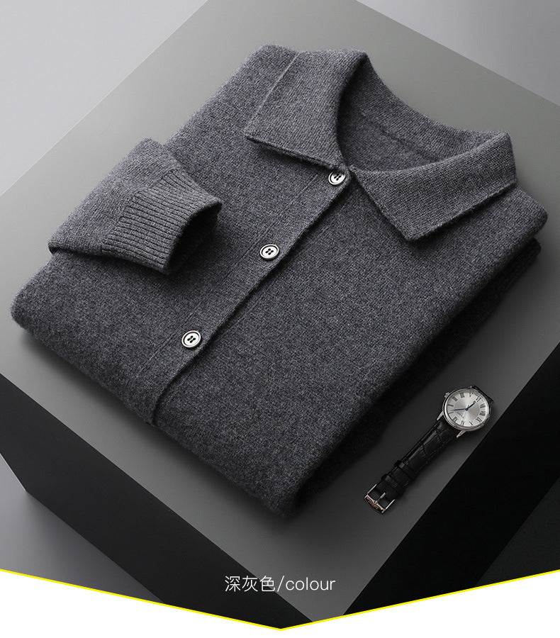 Warm Classic Men's Polo Cardigan - Wool, Button, Autumn - Image 3