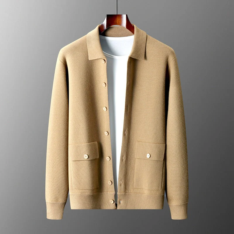 Warm Classic Men's Polo Cardigan - Wool, Button, Autumn - Image 4
