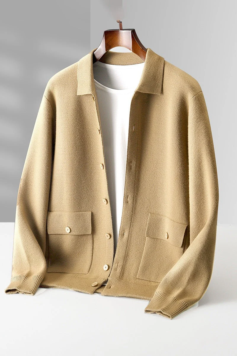 Warm Classic Men's Polo Cardigan - Wool, Button, Autumn - Image 9