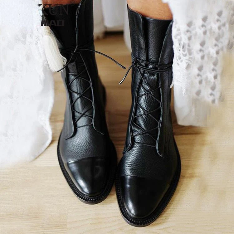 Warm Classic Women's Leather Boots - Lace-Up, Fur, Winter - Image 6