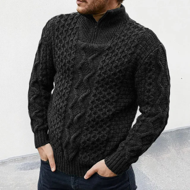 Warm Cozy Men's Half Zip Sweater - Cable Knit Wool - Image 3