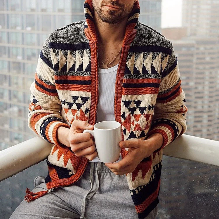 Warm Cozy Men's Zippered Cardigan Jacket - Jacquard Knit - Image 9