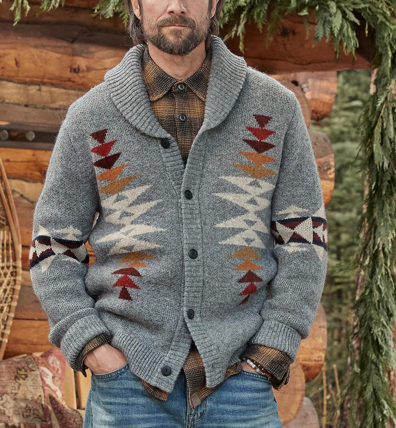 Warm Cozy Mens Shawl Collar Sweater Coat - Jacquard Knit - Image 2