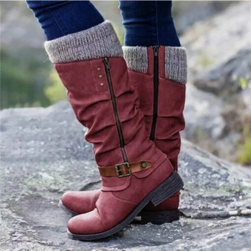 Warm Cozy Women Knee-High Boots - Buckle Knit Cuff, Suede - Image 2