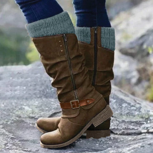 Warm Cozy Women Knee-High Boots - Buckle Knit Cuff, Suede - Image 3