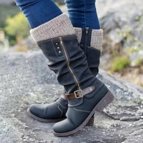 Warm Cozy Women Knee-High Boots - Buckle Knit Cuff, Suede - Image 4