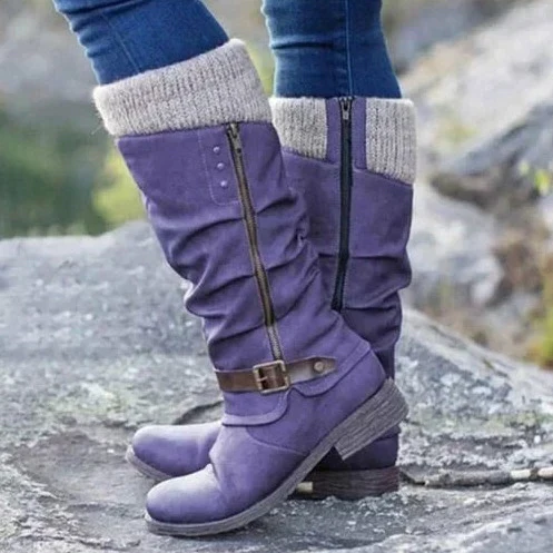 Warm Cozy Women Knee-High Boots - Buckle Knit Cuff, Suede - Image 5