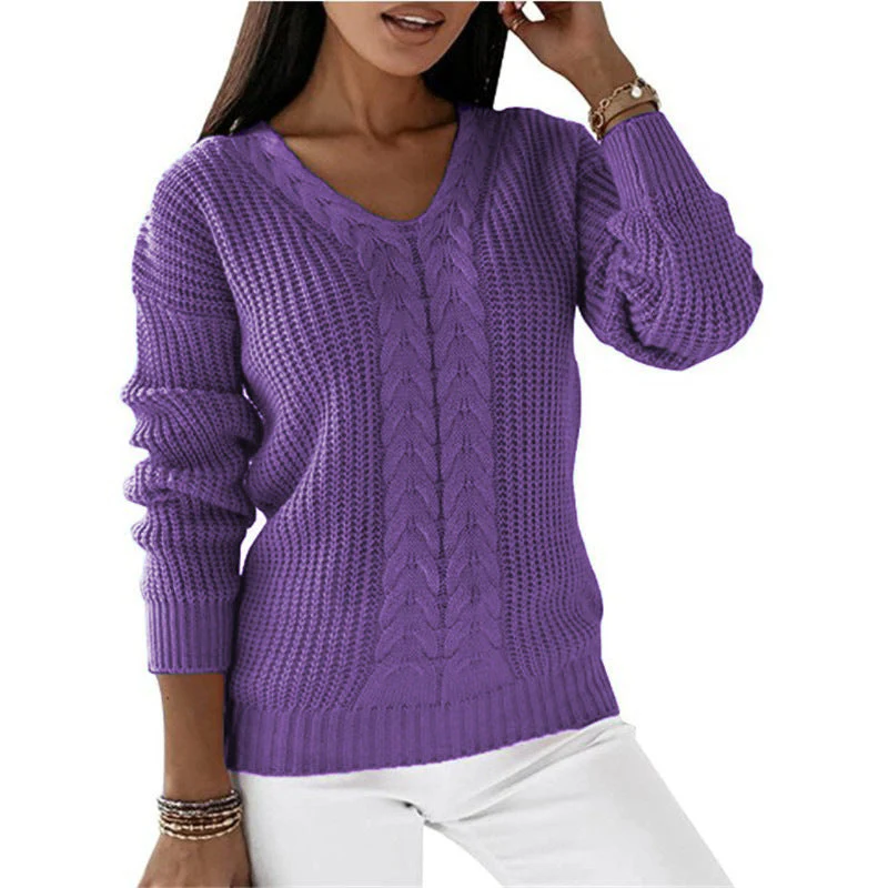 Warm Cozy Women Knit Sweater - V Neck Cable, Layering