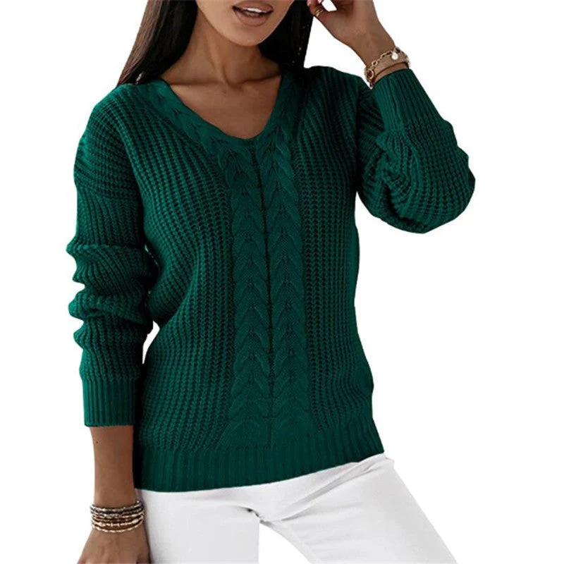 Warm Cozy Women Knit Sweater - V Neck Cable, Layering - Image 6