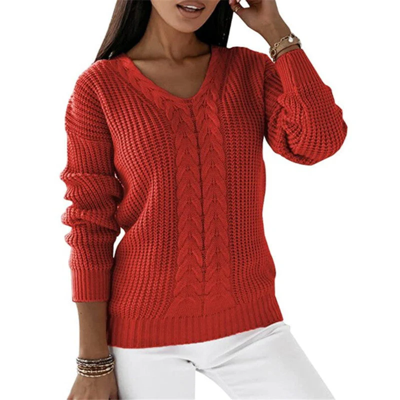 Warm Cozy Women Knit Sweater - V Neck Cable, Layering - Image 8
