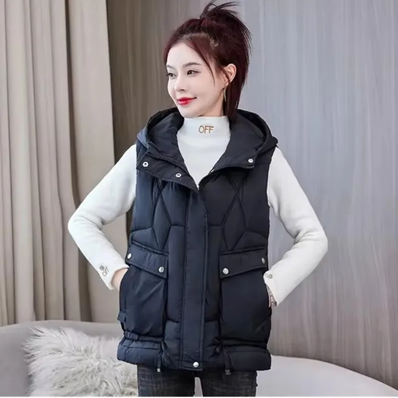 Warm Cozy Women Puffer Vest - Hooded Midlength, Winter - Image 3