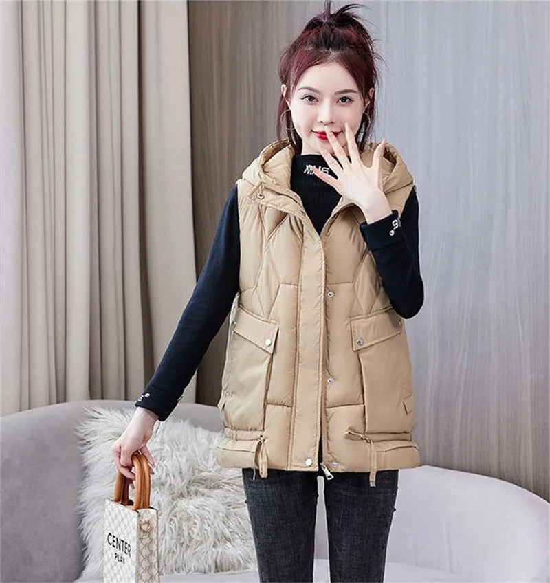 Warm Cozy Women Puffer Vest - Hooded Midlength, Winter - Image 9