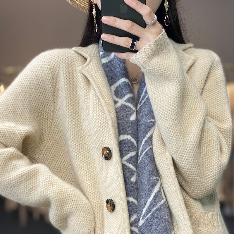Warm Cozy Women's Cardigan Coat - Suit Collar, Jacquard - Image 2