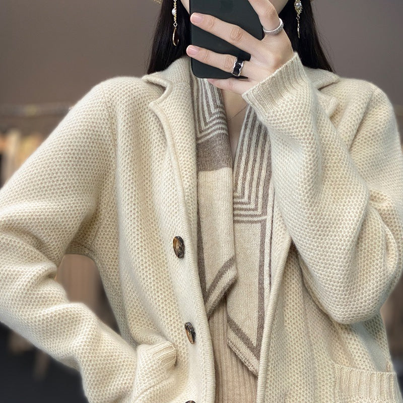 Warm Cozy Women's Cardigan Coat - Suit Collar, Jacquard - Image 4