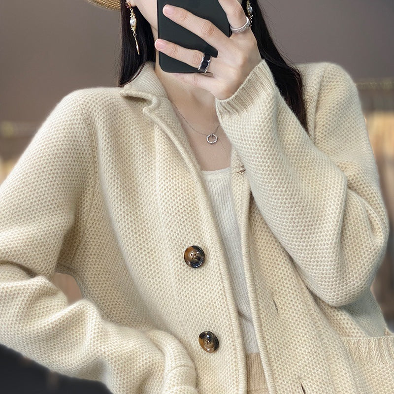 Warm Cozy Women's Cardigan Coat - Suit Collar, Jacquard - Image 5