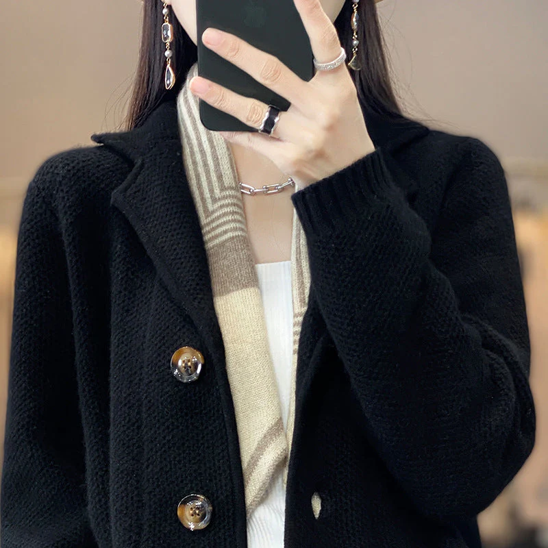 Warm Cozy Women's Cardigan Coat - Suit Collar, Jacquard - Image 6