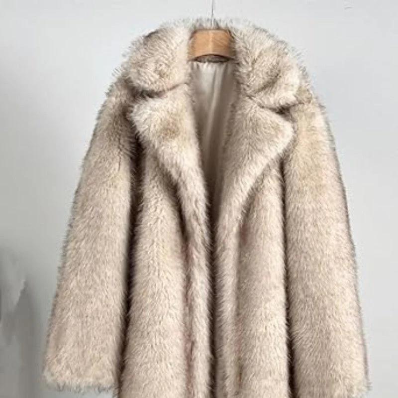 Warm Cozy Women's Long Coat - Notched Lapel, Faux Fur - Image 5