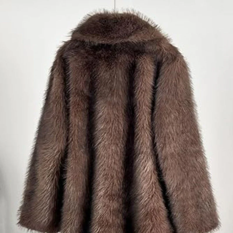 Warm Cozy Women's Long Coat - Notched Lapel, Faux Fur - Image 6