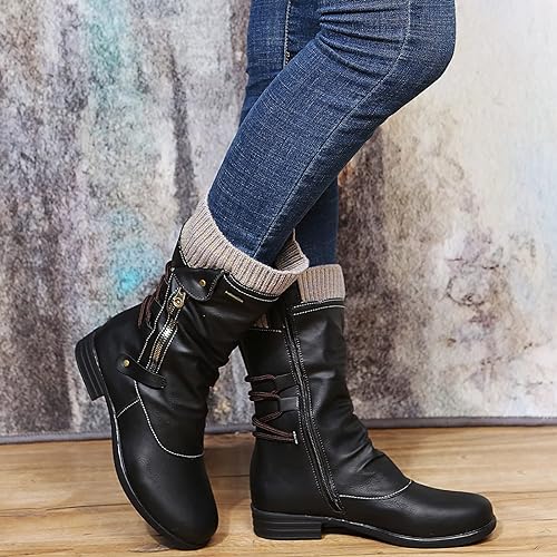 Warm Cozy Women's Mid Calf Winter Boots- Leather, For Winter - Image 4