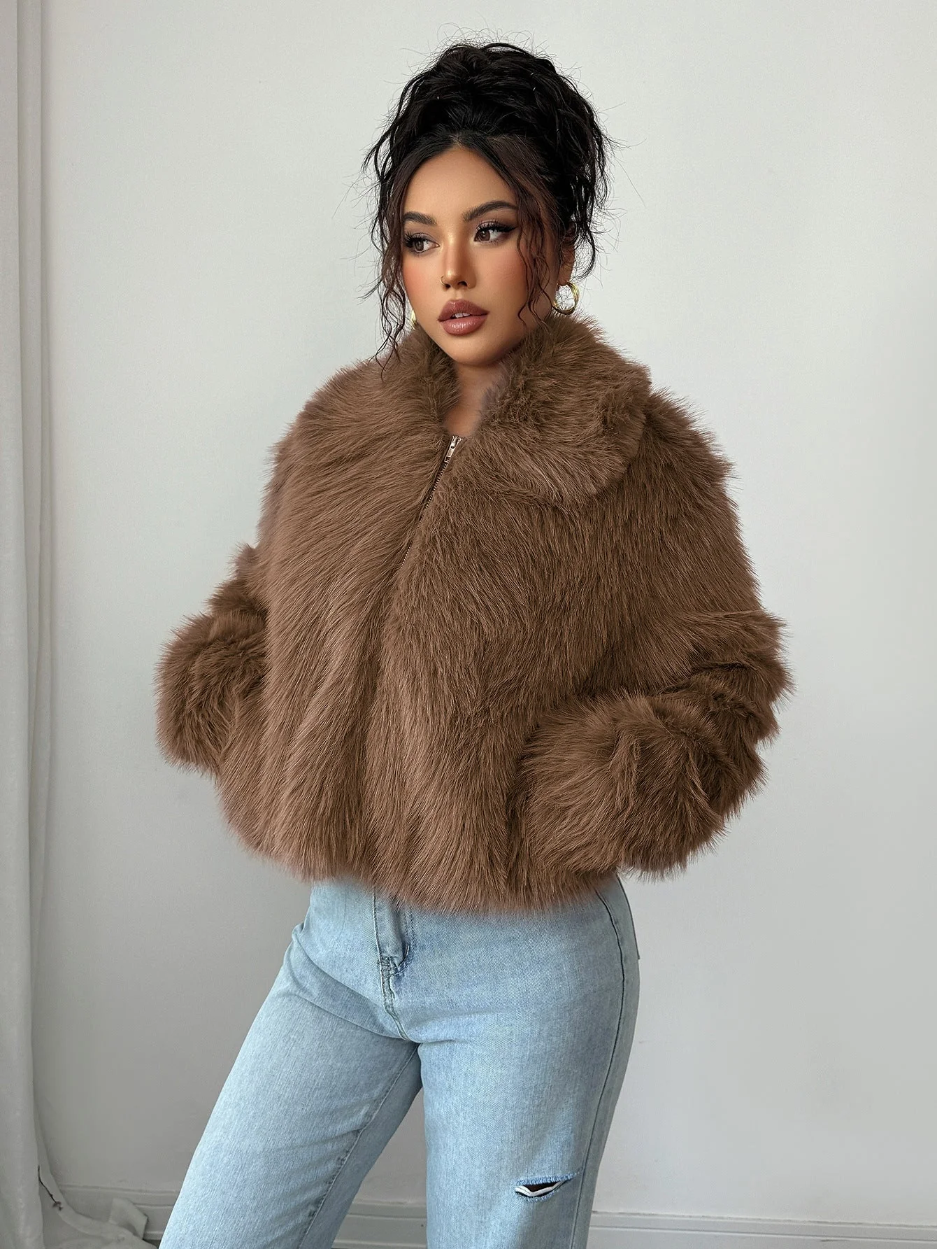 Warm Cozy Women’s Overcoat - Boxy Hip, Faux Fur, Winter - Image 5