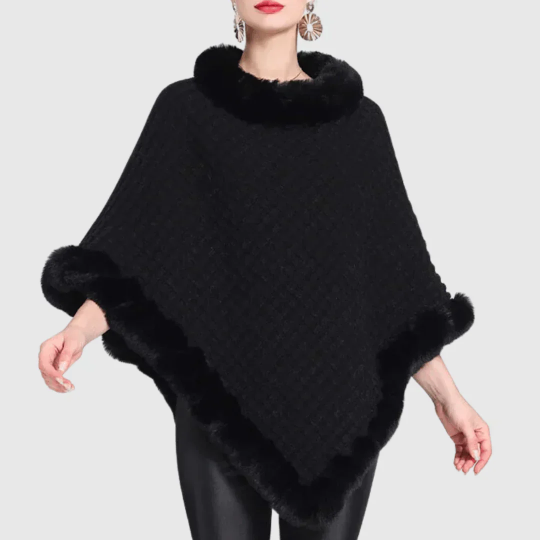 Warm Cozy Women's Poncho - Rollneck, Ribbed Knit, Faux Fur - Image 4