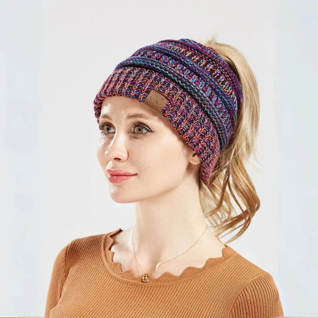 Warm Cozy Women's Ponytail Beanie - Ribbed Knit, Winter - Image 6