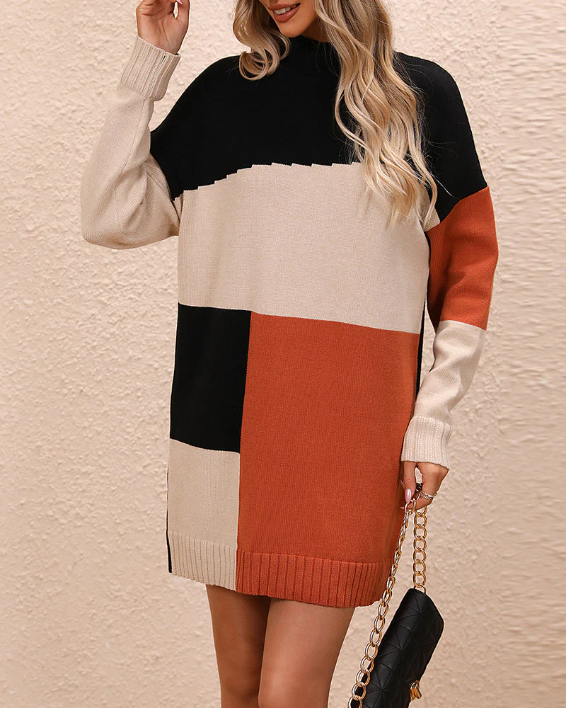 Warm Cozy Women's Tunic Sweater - Colorblock Knit, Winter - Image 2