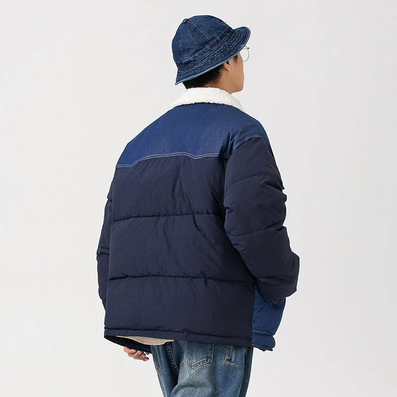 Warm durable men's padded all-season coat - patchwork, denim, casual winter wear - Image 2