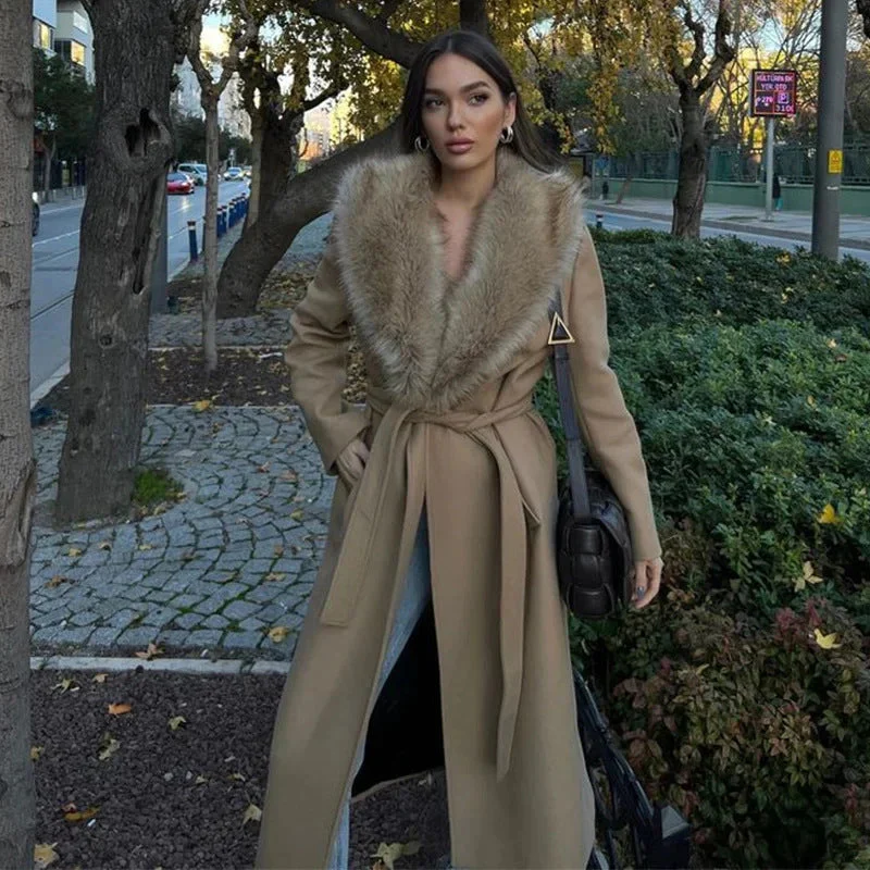 Warm Flattering Women Long Coat- Turn Down Collar, Polyester - Image 7